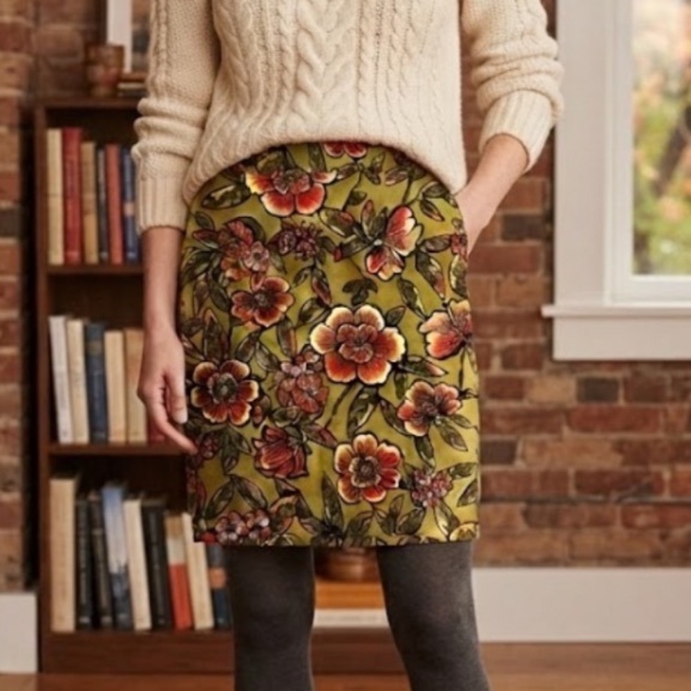 Loft Floral Pencil Skirt Green Red Cotton Blend Size 2 NWT 18608434